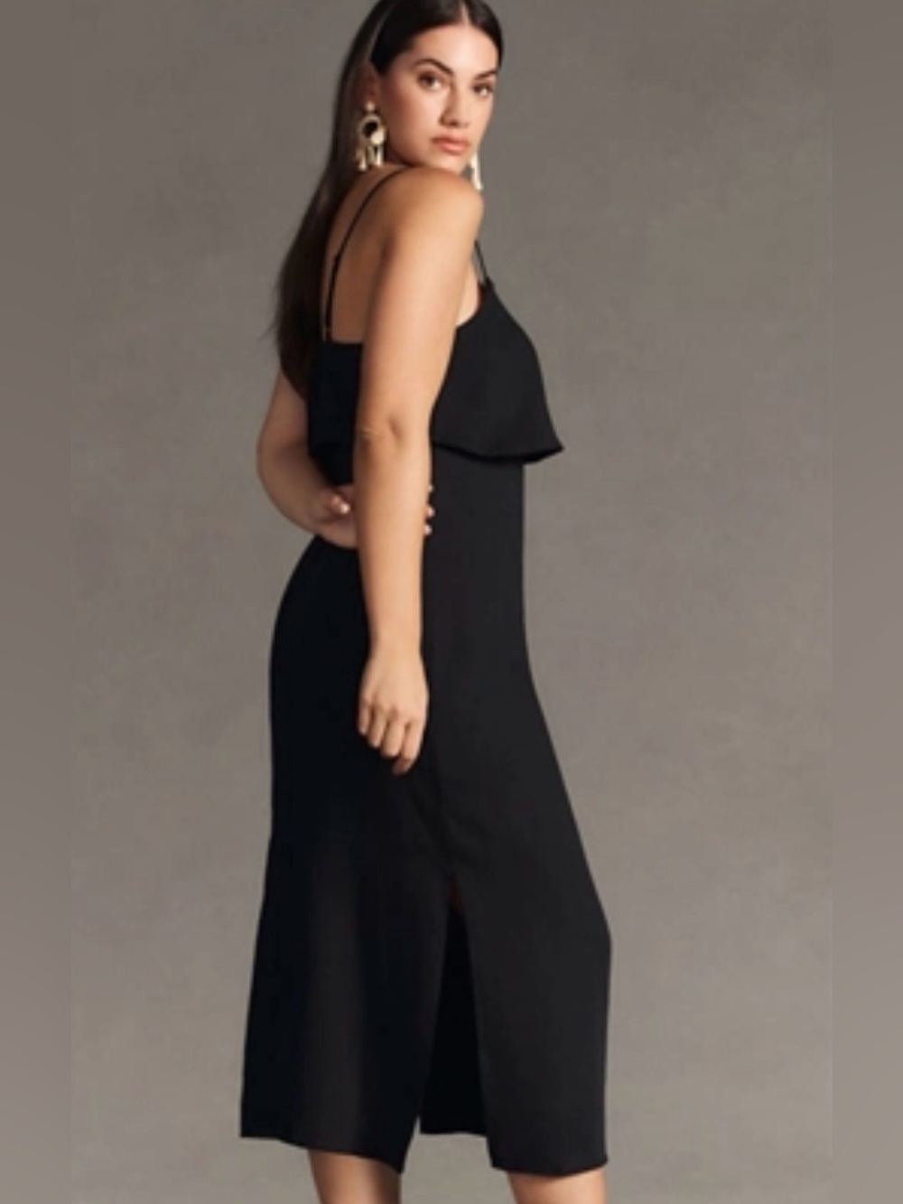 Anthropologie - Layered Black Midi Dress with Spaghetti Straps and Flounce